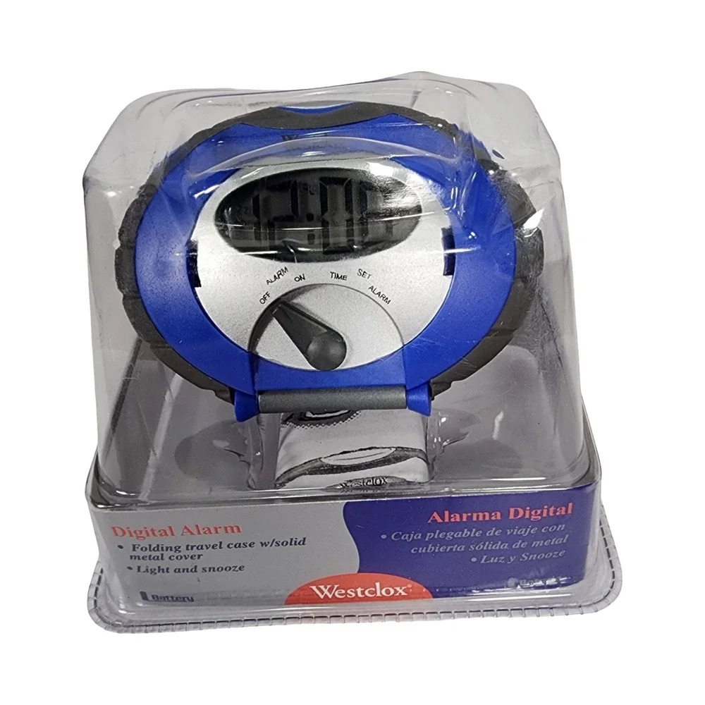 Westclox‎ Trek Folding Travel Digital Alarm Clock Blue Metal Cover Snooze Light